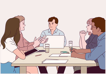 People sit around the table and exchange opinions one after another.のイラスト素材