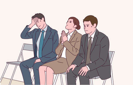 People in suits are praying while waiting for the interview with nervous expressions.のイラスト素材