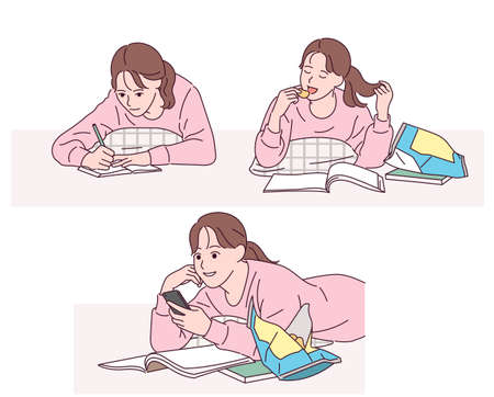 A girl is lying comfortably on the floor, writing, eating snacks, and looking at her cell phone.のイラスト素材