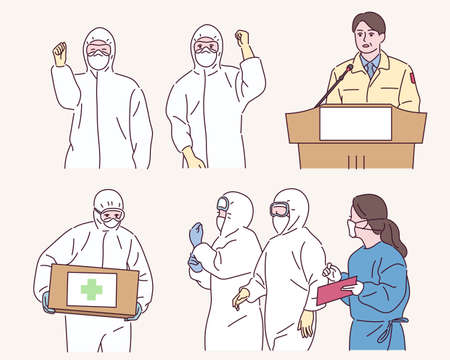 Medical staff in quarantine uniforms are fighting an infectious disease.のイラスト素材