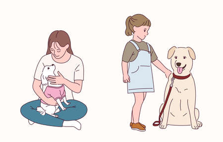 A woman has a puppy on her leg. A girl is standing next to a big dog.のイラスト素材