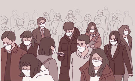 Many crowds on the street are walking down the street wearing masks.のイラスト素材