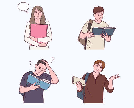 Student character holding a note and making various gestures.のイラスト素材