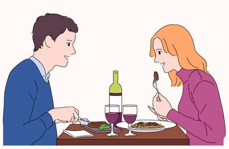A couple is facing each other and smiling. They are having a romantic meal in a nice restaurant.のイラスト素材