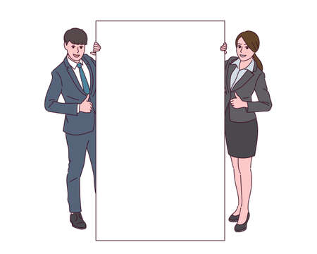 A male and female model in a suit is standing holding a white piece of paper.のイラスト素材