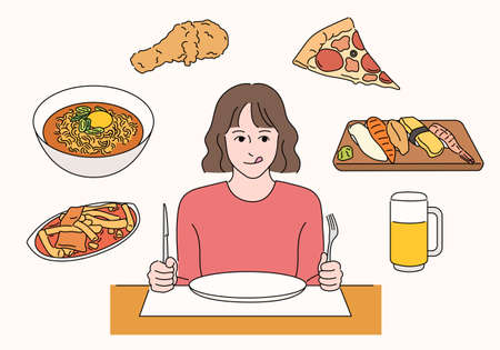 A girl is sitting in a restaurant and thinking about the menu.のイラスト素材