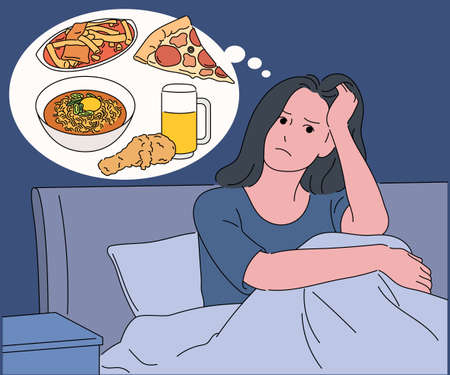 A woman wakes up in bed in the middle of the night and thinks about food.のイラスト素材