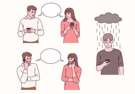 A couple is thinking and talking with a cell phone in hand. Another man is waiting for a call.のイラスト素材