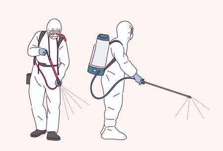 People in quarantine uniforms are spraying disinfectants.のイラスト素材
