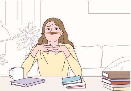A woman holds a pencil between her nose and lips and is in thought.のイラスト素材