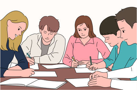 Students are sitting around a table and studying together.のイラスト素材