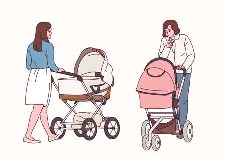 Front and back views of women walking with strollers.のイラスト素材