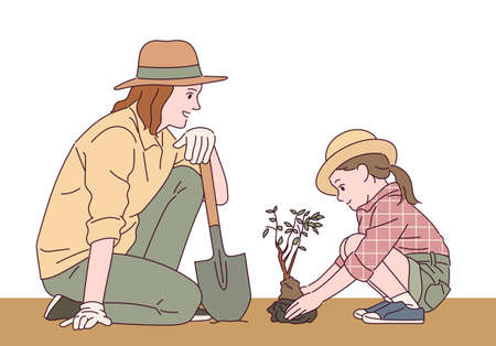 A mother and daughter are planting a tree together.のイラスト素材