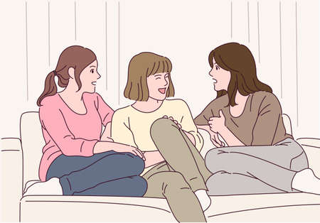Friends are sitting on the sofa and chatting.のイラスト素材