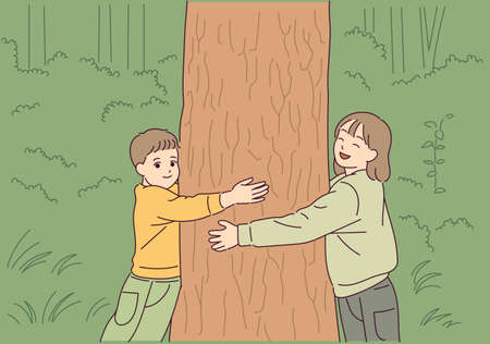The children are hugging the tree with love for the tree.のイラスト素材