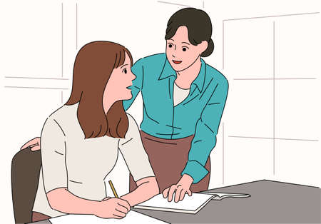 A girl is studying and the teacher is kindly teaching.のイラスト素材