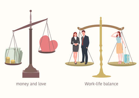 Work and life balance. The weight of money and love.のイラスト素材