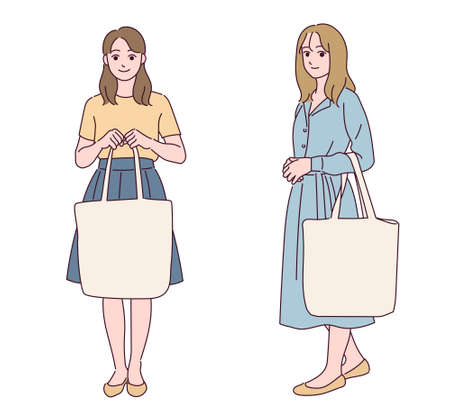 A pretty little girl is standing with a bag.のイラスト素材