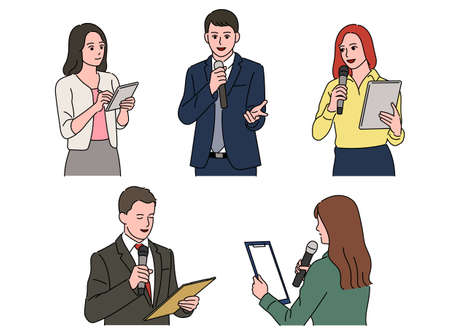 Set of people characters holding notes and speaking while holding a microphone.のイラスト素材