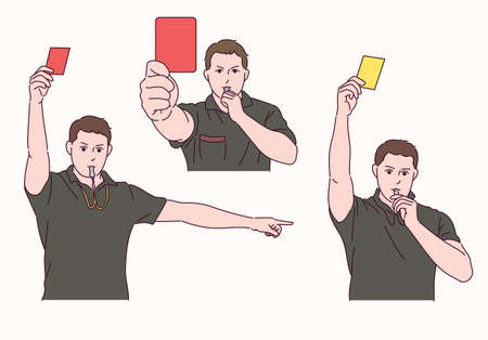 The soccer referee is holding a red and yellow card and blowing a whistle.のイラスト素材