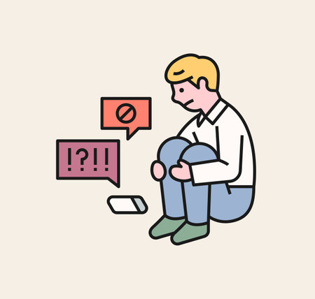 The boy is sitting on the floor and mourning. A victim student being bullied. flat design style minimal vector illustration.のイラスト素材