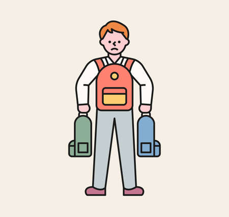 A male student is carrying other students' backpacks. A victim student being bullied. flat design style minimal vector illustration.のイラスト素材