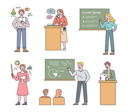 A collection of teacher characters who teach in various ways. flat design style minimal vector illustration.のイラスト素材