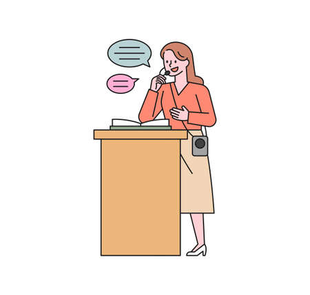 A teacher is explaining with a microphone at the denomination. flat design style minimal vector illustration.のイラスト素材