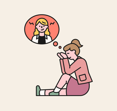A girl is mourning as she recalls the perpetrator. A victim student being bullied. flat design style minimal vector illustration.のイラスト素材