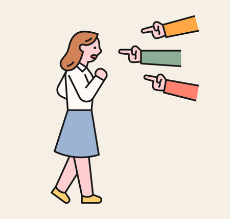 People are pointing at a girl and accusing her. A victim student being bullied. flat design style minimal vector illustration.のイラスト素材