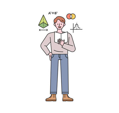 A teacher is explaining mathematics with a textbook in his hand. flat design style minimal vector illustration.のイラスト素材