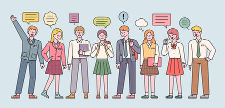 Male and female students in school uniforms are standing and expressing their opinions. flat design style minimal vector illustration.のイラスト素材