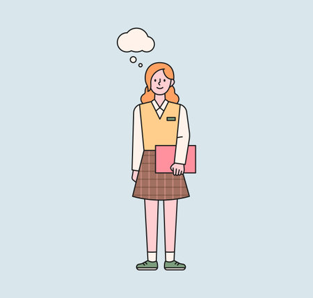 A schoolgirl in a school uniform is standing with a notebook. There is a thought balloon above her girl's head. flat design style minimal vector illustration.のイラスト素材