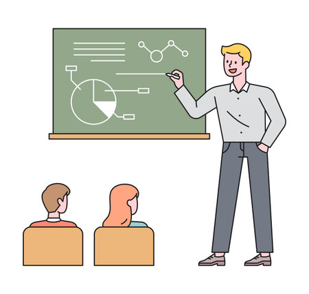 A teacher is taking notes on the board and taking classes, and the students are listening. flat design style minimal vector illustration.のイラスト素材