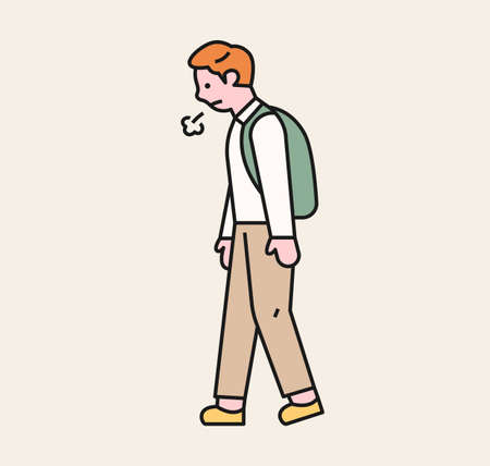 A boy is walking with a sigh. A victim student being bullied. flat design style minimal vector illustration.のイラスト素材