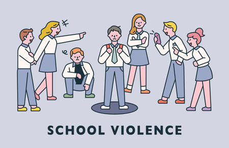school violence. Bad students are harassing him around a student. flat design style minimal vector illustration.のイラスト素材