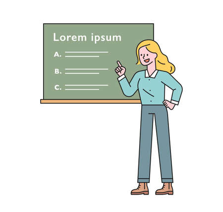 A teacher is explaining in front of the blackboard. flat design style minimal vector illustration.のイラスト素材