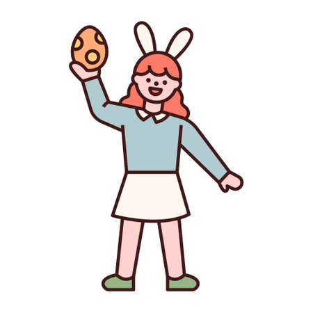 Easter characters. A girl is holding an Easter egg in her hand. flat design style minimal vector illustration.のイラスト素材