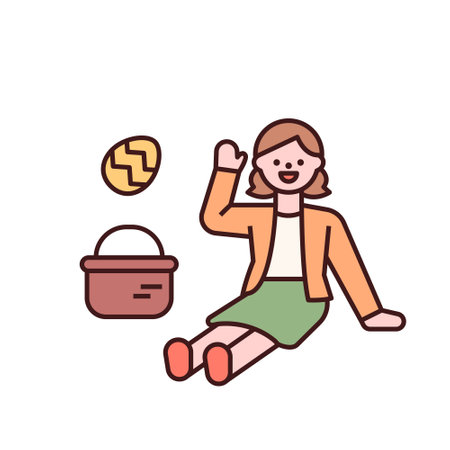 Easter characters. A girl is sitting with Easter eggs. flat design style minimal vector illustration.のイラスト素材