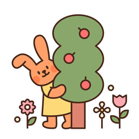 Cute easter bunny character. A rabbit holding an apple tree. flat design style minimal vector illustration.のイラスト素材