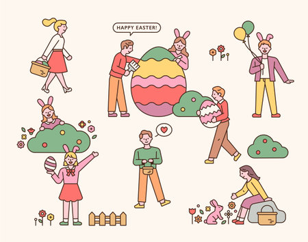 Easter characters. People doing Easter events. flat design style minimal vector illustration.のイラスト素材