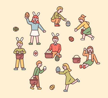 Easter characters. People wear bunny headbands and are looking for Easter eggs. flat design style minimal vector illustration.のイラスト素材
