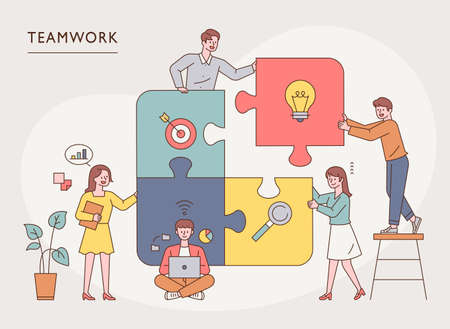Team members are putting together a big puzzle. flat design style minimal vectorのイラスト素材