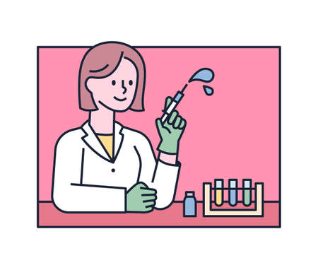 A female researcher is conducting research in a test tube. flat design style minimal vector illustration.のイラスト素材