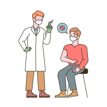 A man is showing his arm over getting the vaccine. flat design style minimal vector illustration.のイラスト素材