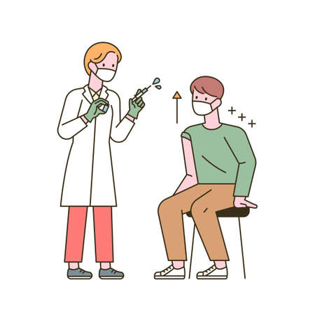 A man has been vaccinated and his immunity is rising. flat design style minimal vector illustration.のイラスト素材
