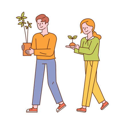 A man and a woman are walking with small pots. flat design style minimal vector illustration.のイラスト素材