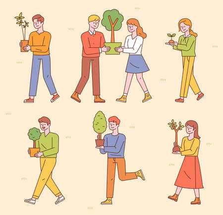 People are walking with small tree pots. flat design style minimal vector illustration.のイラスト素材