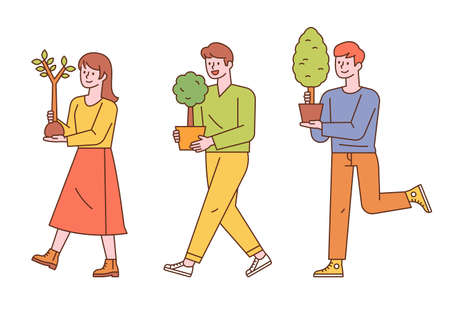 Three people are carrying a tree planted in a small pot. flat design style minimal vector illustration.のイラスト素材