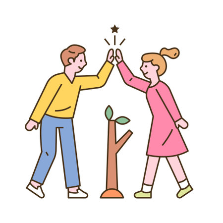 A man and a woman are planting seedlings and high five. flat design style minimal vector illustration.のイラスト素材